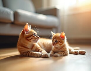 Two ginger tabby cats, adult, kitten, share tender moment indoors. Loving interaction highlights themes of companionship, family bonding. Ideal for promoting animal foster care, adoption services,