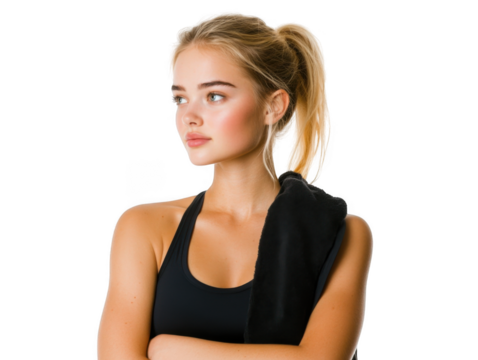 Portrait of a blonde woman in a black sports bra with a towel over her shoulder looking to the side