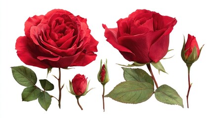 Fototapeta premium Close-up of vibrant red roses and buds, isolated on white