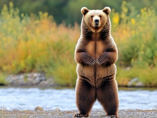 A grizzly bear standing on its hind legs, towering with dominance in the wild