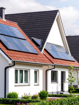Germany, Baden-Wurttemberg, Waiblingen, Modern single-family homes with solar panels