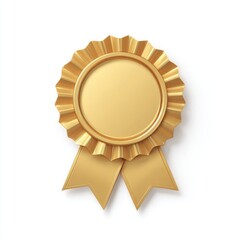 Gold rosette award with ribbon.  A golden, circular, textured rosette, with a smooth, empty center, and fluted edges.  Two gold ribbons extend from the rosette, positioned below and slightly angled. 