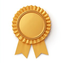 Gold award rosette with ribbon.  A 3D rendered, golden-yellow award rosette,  with fluted edges and a centered blank space.  Two matching ribbons extend from the rosette.