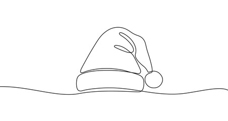 Santa Claus hat in one line art style. Christmas hat drawing with editable black stroke on white background. Vector illustration.