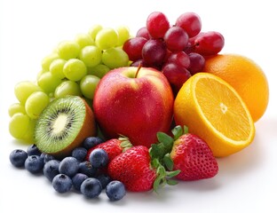 Assorted fresh fruits against white background. A vibrant display of various colorful fruits, including green grapes, red grapes.