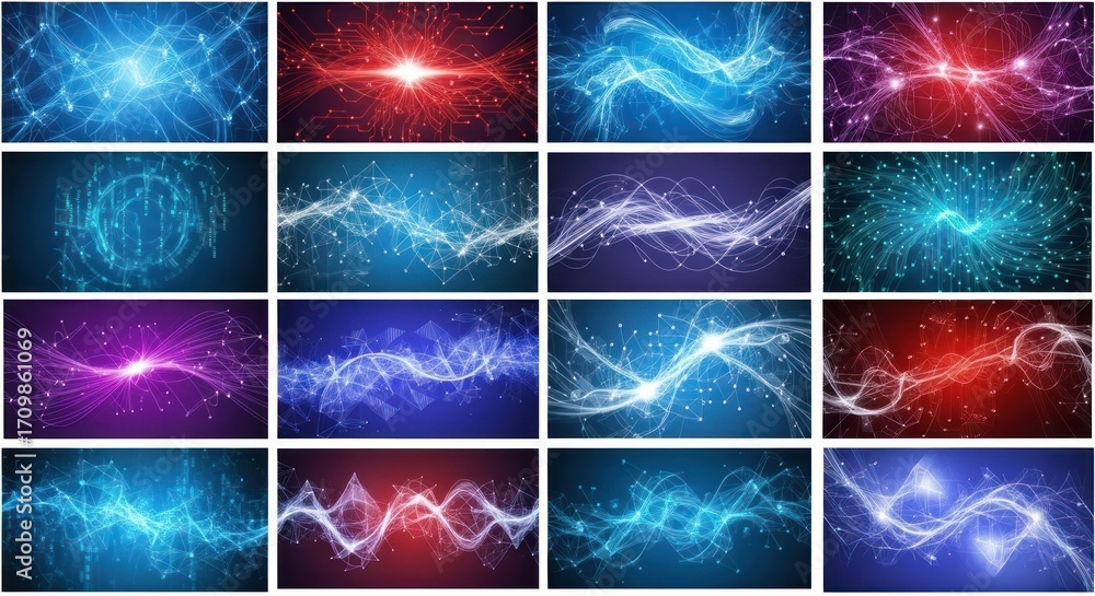 Poster a collection of twelve vibrant, abstract graphic designs featuring flowing lines, glowing particles,