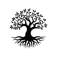 Symbolic silhouette of a majestic tree with intricate roots and flourishing branches