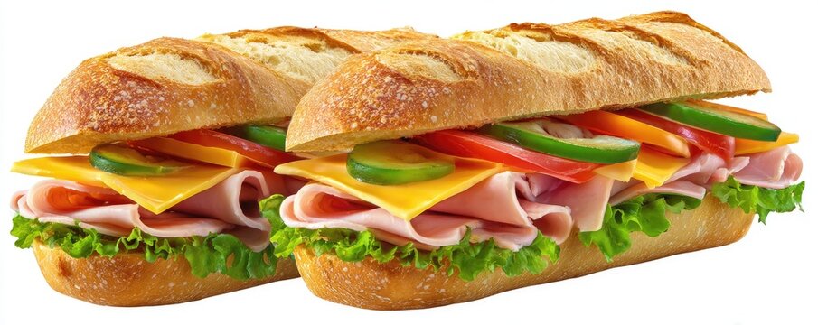 Two gourmet ham sandwiches on long rolls, filled with cheese, lettuce, tomato, cucumber, and bell pepper slices