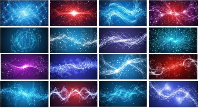 A collection of twelve vibrant, abstract graphic designs featuring flowing lines, glowing particles, and interconnected networks in a variety of color palettes.