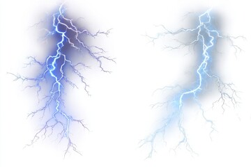 Two vibrant lightning bolts against a white background.  Each bolt displays a gradient of light blue to dark purple/gray, with visible branching and forked patterns.  