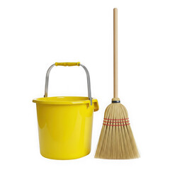 Fototapeta premium Yellow bucket and broom isolated on transparent background