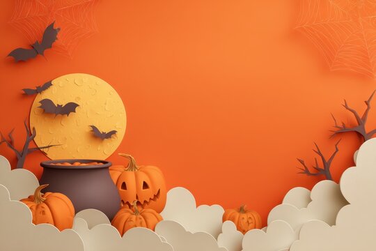 Vibrant Halloween background featuring pumpkins, bats, and a spooky cauldron for festive decorations and party invitations