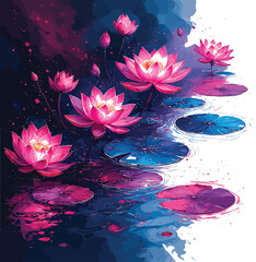 Vibrant glowing lotus flowers blooming on dark water with reflections