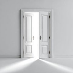 A pair of white double doors open wide, revealing a bright light