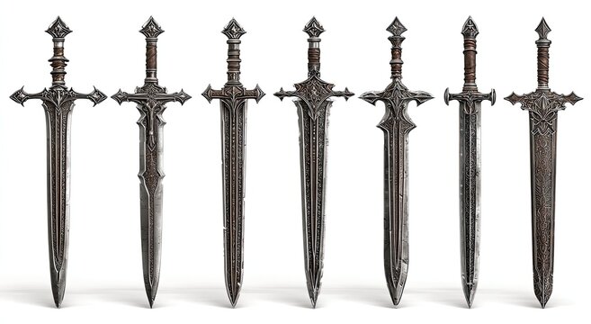 Eight ornate, medieval swords, various designs, displayed against a white background.  Each blade has intricate, dark metal detailing.  Handles are also detailed.  Sharp, polished steel blades.  
