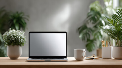 Fototapeta premium Tech and Nature Harmony: A contemporary workspace blends technology with the tranquility of nature, featuring a sleek laptop and lush greenery that represents innovation and a sustainable lifestyle.