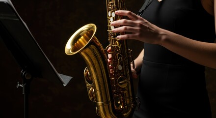 Golden saxophone gleaming in the spotlight held by skilled musician near a dark vintage music stand ready for a soulful performance