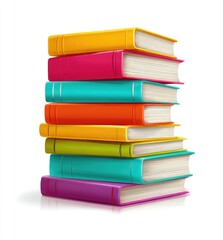Colorful books stacked high on white background