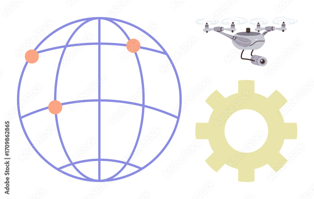 Poster global grid with data points, quadcopter with camera, and gear icon highlighting innovation, automat
