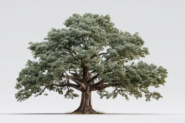 Full shot of a large, mature tree against a plain white background.  The tree's canopy is dense and expansive, with light green foliage.  Its trunk is wide and gnarled, showing signs of age. 