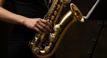 Obraz premium Elegant woman plays a gleaming golden saxophone in a dark music room creating a soulful and artistic atmosphere