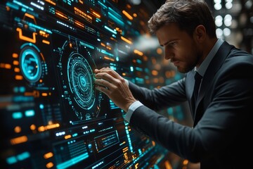 Modern businessman using biometric scan and digital confirmation on electronic contract screen representing secure access and approval process