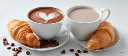 Two cups of coffee drinks, one with a heart latte art, and a croissant
