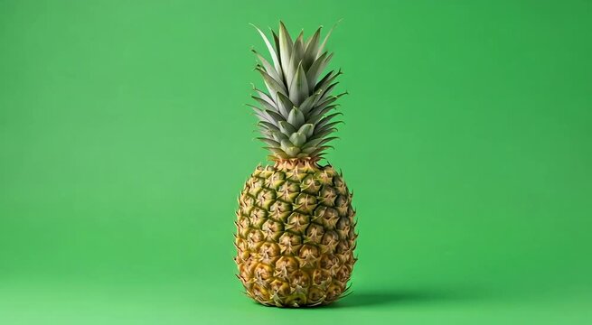 Fresh, ripe pineapple standing tall against a vibrant green background