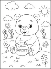 Bear Coloring Page for Kids. Cartoon Bear with Honey Pot and Flowers. Black and white line art for children.