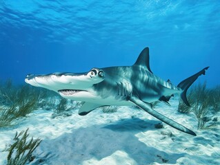 Fototapeta premium A hammerhead shark hunting near the ocean floor, its distinct head scanning for prey