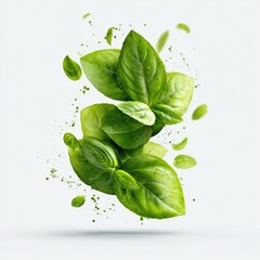Fresh basil leaves in motion, vibrant green, scattered