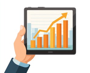 A hand holds a tablet displaying a graph showing upward trending bar chart