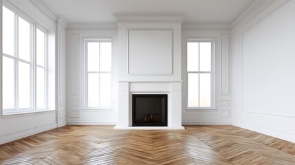 Fototapeta premium Minimalist living room featuring white walls and wooden floors, bathed in natural ambient light for a clean aesthetic.