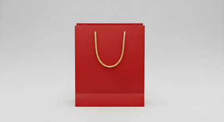 Red Shopping Bag with Golden Handles on White Background | Minimalist Style Product Package for Luxury Brands, Retail, e-Commerce