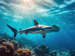 Obraz premium A hammerhead shark swimming gracefully over a coral reef, sunlight filtering through the water