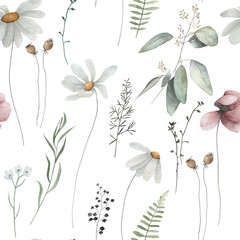 Abstract nordic print with flowers on white background. Watercolor seamless pattern. Hand drawn  illustration.