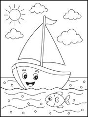Boat coloring page for kids featuring a smiling cartoon sailboat on the water with a fish, waves, sun, and clouds.