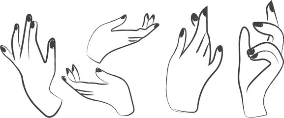  Hand drawn hand gestures cartoon illustrations, Set of hand gestures and silhouettes in a vector illustration style, isolated on white background, Minimalist black and white hand gesture art design