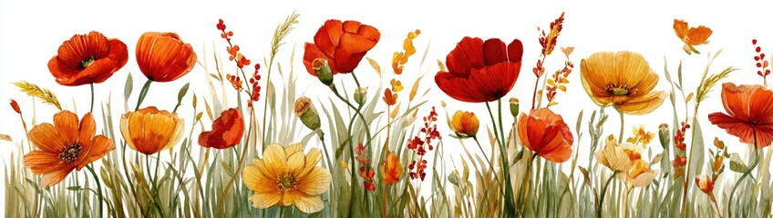 Fototapeta premium Vibrant wildflowers in a meadow, featuring pops of orange and red poppies amongst greenery