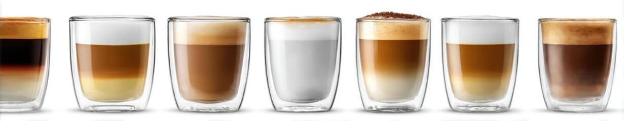 Row of various layered coffee drinks in clear double-walled glasses