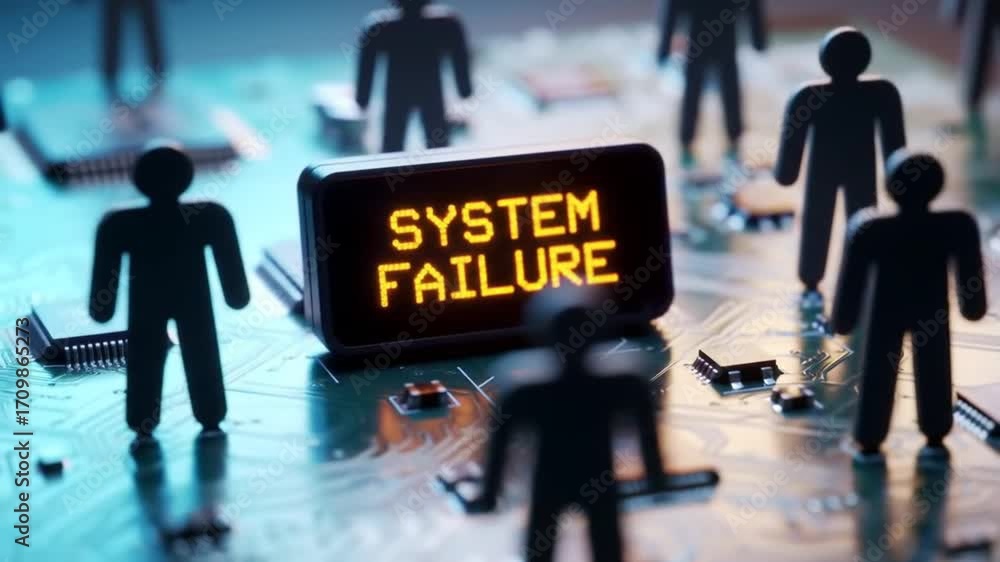 Poster system failure displayed with black silhouettes on circuit board background