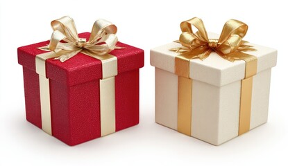 Fototapeta premium Two square gift boxes, one red, one cream, adorned with gold ribbons and bows, sit side-by-side on a plain white background. The boxes appear identical in size and shape