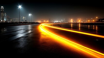 the image captures a nighttime view of a road with light streaks from moving vehicles
