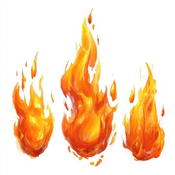 Three stylized fireballs against a white background.  Each is a vibrant orange-yellow, with textured flames and drips, showcasing a painterly, almost watercolor effect