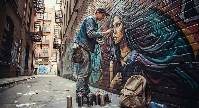 A street artist crafting a mural portrait in a vibrant urban alley - Powered by Adobe