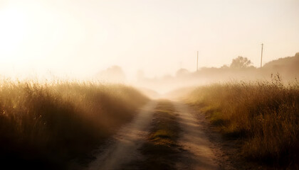 Fototapeta premium Serene Countryside Dirt Road in Golden Morning Light