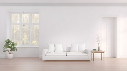 Minimalist living room featuring white walls and wooden floors, bathed in natural ambient light for a clean aesthetic.
