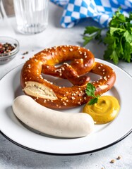 German Sausage with pretzel bun and Mustard