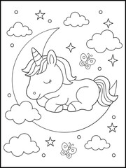 Sleeping Unicorn on Crescent Moon Coloring Page for kids. Magical Night Sky Fantasy Illustration for children and adults.