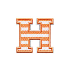 A detailed embroidered letter h patch featuring bold orange and white horizontal stripes, perfect for crafts, apparel, or educational designs.